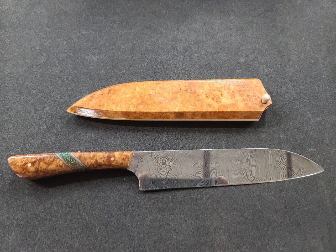 9-inch Damascus Santoku with Golden Amboyna burl and Black Opal handle — with saya