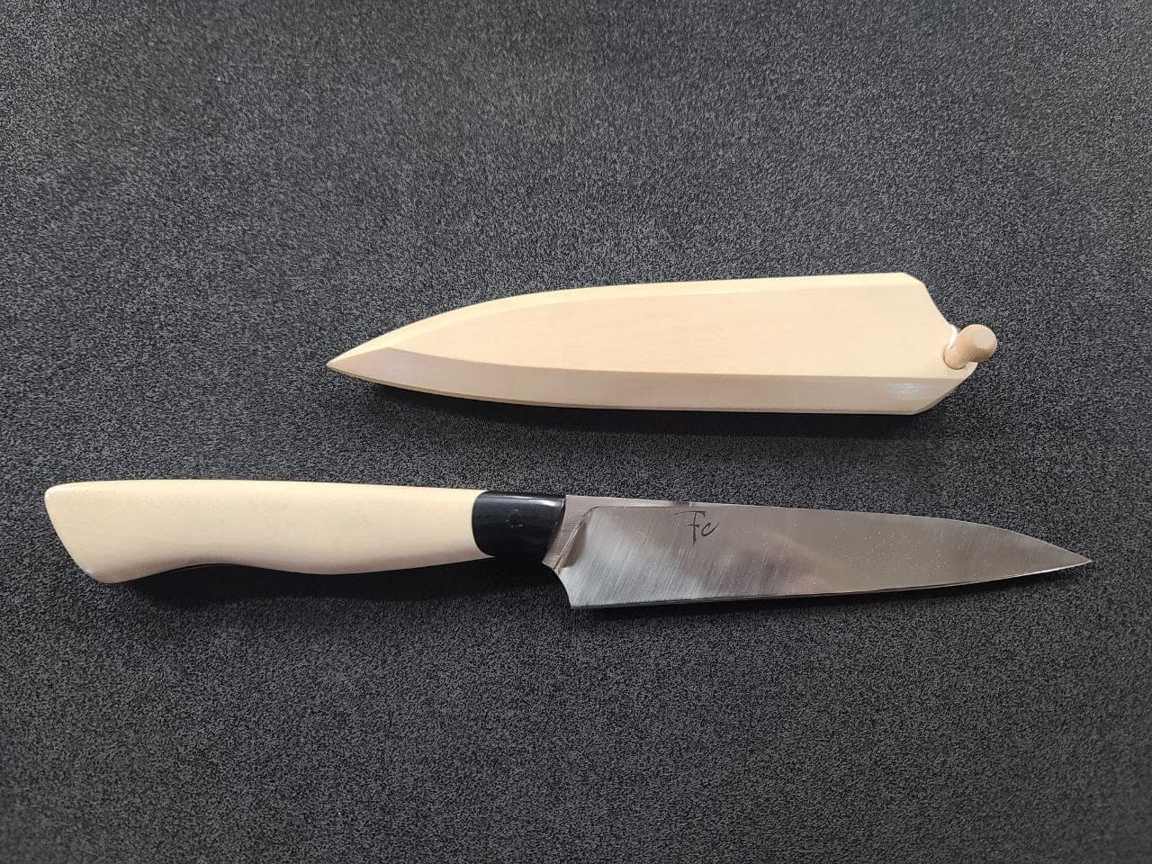 140mm Petty knife with American Holly and Micarta handle — full view
