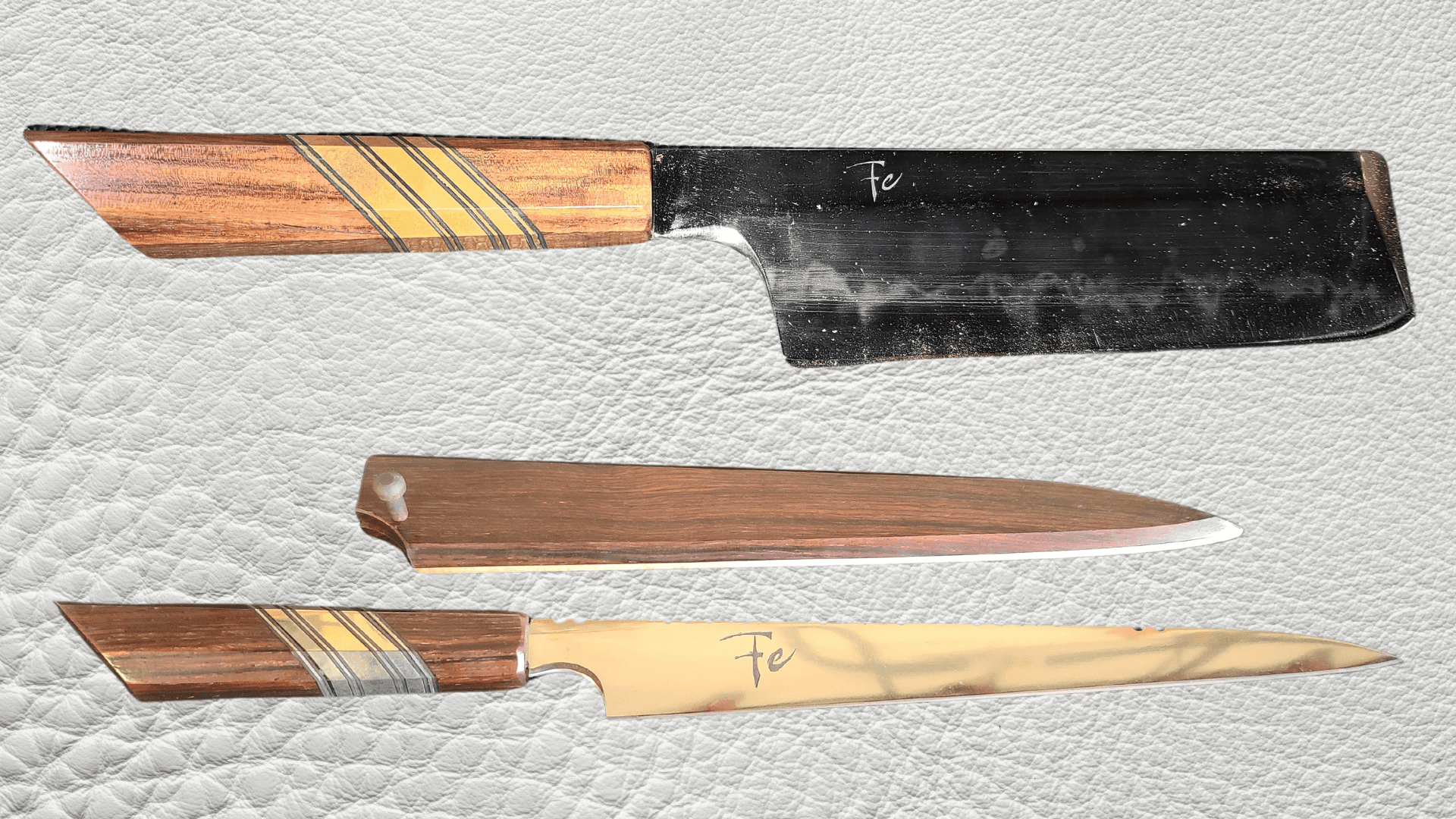 Custom chef's knife with layered handle and hand-forged blade