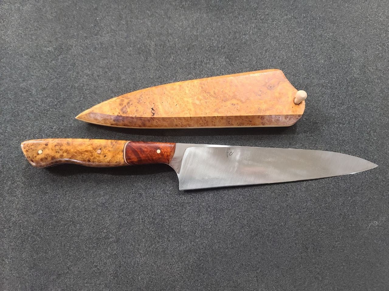 190mm Western Chef's knife with Golden Amboyna burl and Red Logwood handle — full view